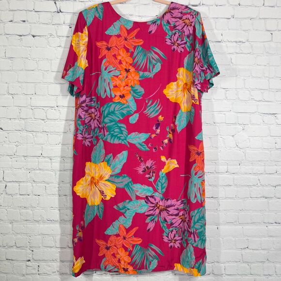 Vintage Hawaiian Midi Dress Womens  Plus 18W Hot Pink Floral Tropical Beach - Picture 1 of 13